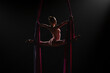Flexible aerial gymnast performs a twine on red air silk. View from back of female acrobat is balancing on black background with backlight. Young woman performs tricks at height on a red silk fabric.