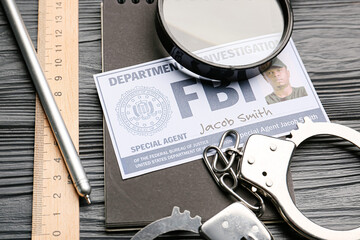 Wall Mural - Document of FBI agent with handcuffs, magnifier and stationery on dark wooden background