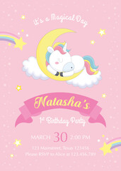 Wall Mural - First Birthday Invitation with cute unicorn