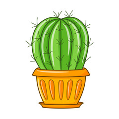 Sticker - Vector cartoon cactus in pot. Indoor succulent plant with thorns. Cacti for home and interior. Colorful botanical doodle illustration isolated on white background.