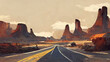 Empty route 66, usa, digital painting. Desert, valley of death. 4k Wallpaper, background. Blue sky, orange sand with an empty asphalt road.