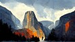 Yosemite National Park, el Capitan, drawing, illustration, digital painting, landscape colorful,  landmark, usa, nature, outdoors, forest, mountain.