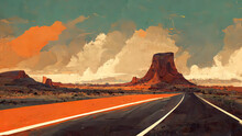 Empty route 66, usa, digital painting. Desert, valley of death. 4k Wallpaper, background. Blue sky, orange sand with an empty asphalt road.