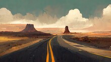 Abandoned Road In The Desert. Empty Road, Worn Out, Digital Painting. Post Apocalyptic Scenery, Empty-