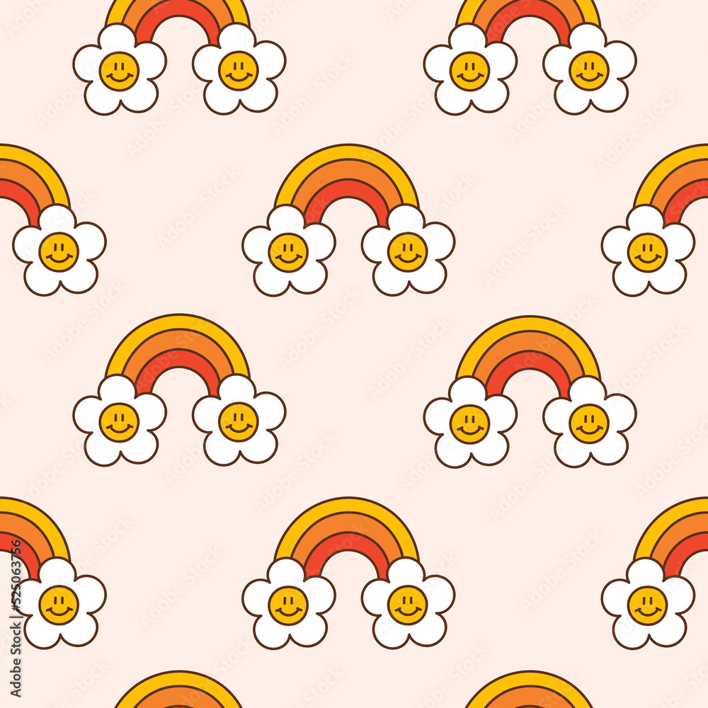 Retro Rainbow Patterns Retro seamless pattern with groovy rainbow and happy daisies ...
