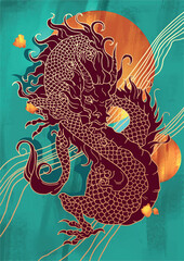 hand drawn japanese vector dragon on abstract circles in red,, blue and gold colours	