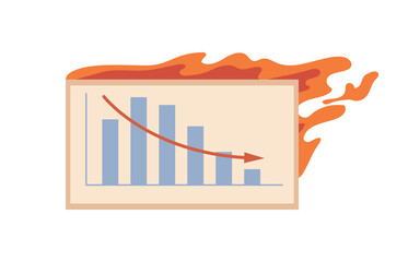 Poster - Deadline of business project or urgent work to do. Isolated analytics report with charts and diagrams in fire. Burning paper symbol of problems and failure. Vector in flat style
