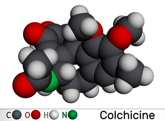 Sticker - Colchicine molecule. It is alkaloid with anti-gout and anti-inflammatory activities, used in the symptomatic relief of pain. Molecular model. 3D rendering.