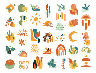 Poster - Mexican color shapes, sun and moon, floral elements in abstract flat cartoon style. Vector illustration of doodle style objects, sunset and sunrise, cactus plants and rainbows