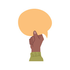 Aufkleber - People expressing different thoughts and opinions by raising placard, banner and thought bubble card. International character, hand showing blank paper. Vector in flat style illustration