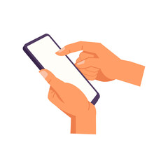 Poster - Hand holding smartphone. Vector icon of people hold smartphone or using touch gestures for mobile phone while reading. Press and point, pich and unpinch, rotate and swipe symbol. Digital device