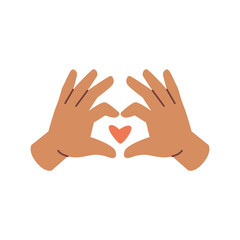 Poster - Hand gesture forming heart, symbol of love and affection. Isolated palms and fingers making shape of heart. Non verbal communication. Flat cartoon, vector in flat style