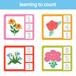Cards for learning to count from 1 to 10. Flowers. A game for the development of intelligence and logic for preschool children. Vetor illustration. Printable sheet