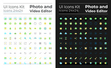 Photo And Video Editor Flat Color Ui Icons Set For Dark, Light Mode. Media Files Editing Tools. GUI, UX Design For Mobile App. Vector Isolated RGB Pictograms. Montserrat Bold, Light Fonts Used