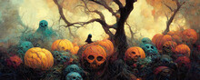 Creepy Halloween Background, Ghosts, Witches And Pumpkins In Spooky Forest