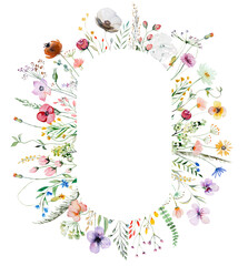 Wall Mural - Oval frame made of watercolor wildflowers and leaves, wedding and greeting illustration