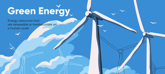 Renewable green energy banner with eco wind turbines. Landing page background design with windmills towers, future sustainable, environment friendly electric resources. Flat vector illustration