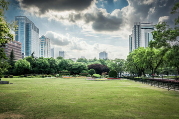 Poster - Modern urban business buildings behind lawn