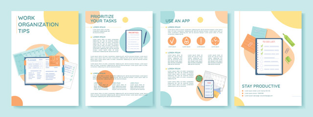 Work organization tips flat vector brochure template. Office booklet, leaflet printable flat color designs. Editable magazine page, reports kit with text space. Quicksand, Myriad Pro fonts used