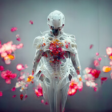 Conceptual Technology Illustration Of Artificial Intelligence. With Flowers And Body.