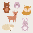 Boho animal character set with eyes closed. Baby animals. Vector illustration.