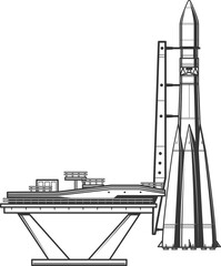 Poster - Spaceship taking off launching rocket and station