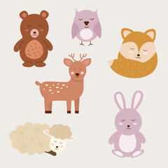 Wall Mural - Boho animal character set with eyes closed. Baby animals. Vector illustration.