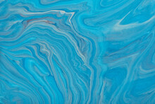 Abstract Fluid Art Background Light Blue And Turquoise Colors. Liquid Marble. Acrylic Painting With Cerulean Gradient
