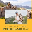 Digital image of multiracial backpackers hiking with celebrate national public lands day text