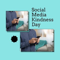 Poster - Caucasian man using smart phone with social media kindness day text in blue frame, copy space