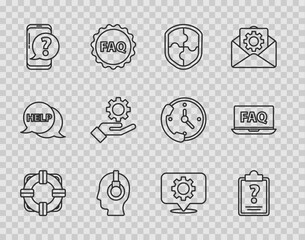 Poster - Set line Lifebuoy, Clipboard with question marks, Shield, Support operator in touch, Mobile phone, Settings the hand, Location gear and Laptop FAQ icon. Vector