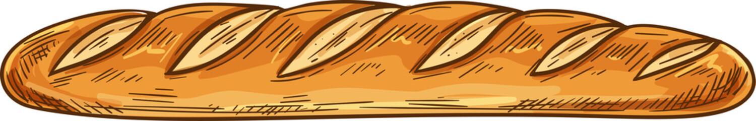 French bread isolated long loaf sketch. Vector pastry food, wheat narrow bun, bakery product