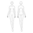 Walking women Fashion template 9 nine head size female with main lines for technical drawing. Lady figure front, back view. Vector isolated outline sketch girl for fashion sketching and illustration