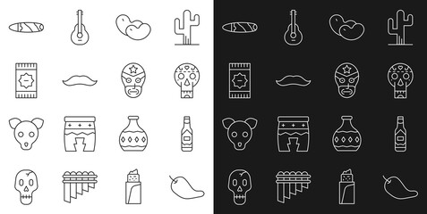 Poster - Set line Hot chili pepper pod, Tabasco sauce, Mexican skull, Beans, Mustache, carpet, Cigar and wrestler icon. Vector