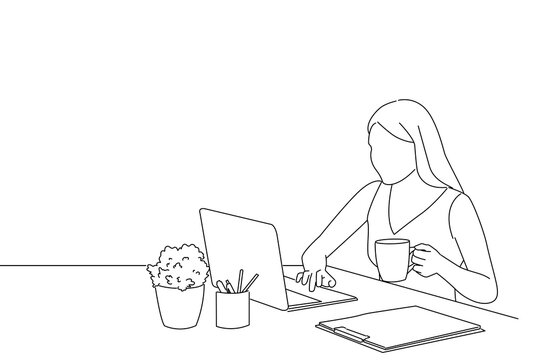 Cartoon of happy woman working with laptop and drinking coffee. Oneline art drawing style