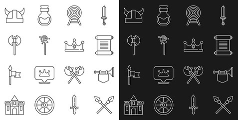 Canvas Print - Set line Crossed medieval spears, Trumpet with flag, Decree, parchment, scroll, Target arrow, Magic staff, Medieval axe, Viking in horned helmet and King crown icon. Vector