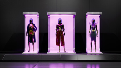 Metaverse digital clothing shop. Virtual fashion in an online virtual store display with digital avatars. 3D rendering