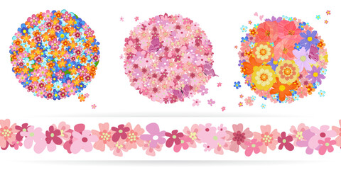 Wall Mural - collection of round blooming arrangements and seamless border wi