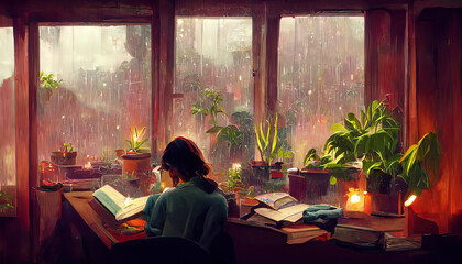 lofi girl studying at her desk. rain ourside, beautiful chill, atmospheric wallpaper. 4k background.