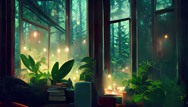 Wall Mural -  - Lofi empty interior.  Messy desk, window view of a forest, jungle. Anime, manga style. Colorful study lo-fi desk. Cozy chill vibe. Hip-hop atmoshperic lighs. Stars 4k wallpaper.