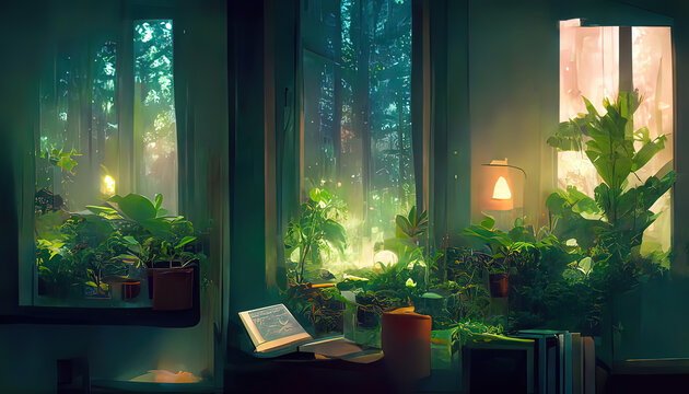 Wall Mural -  - Lofi empty interior.  Messy desk, window view of a forest, jungle. Anime, manga style. Colorful study lo-fi desk. Cozy chill vibe. Hip-hop atmoshperic lighs. Stars 4k wallpaper.