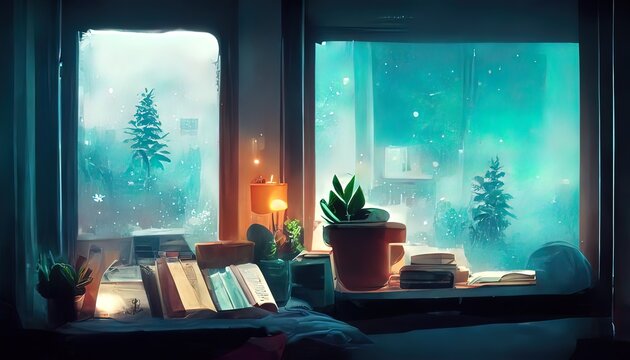 Wall Mural -  - Calm lofi desk, interior. A cold winter evening. A messy cozy place in the style of lo-fi, anime, manga. An empty study room with chill vibes. A relaxed colorful place. 4k wallpaer, background.