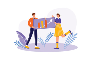 Poster - Teamwork concept with people scene in flat cartoon design. Colleagues analyze the successful development of the company, which was achieved thanks to teamwork. Vector illustration.