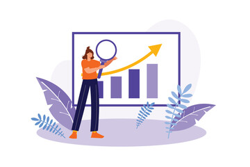 Poster - Sales performance concept with people scene in the flat cartoon design. New employee learns sales performance using a chart and magnifying glass. Vector illustration.