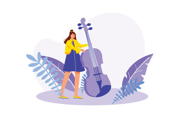 Poster - Creative workers concept with people scene in the flat cartoon design. Musician creates a new melody and tries to play it on the violin. Vector illustration.