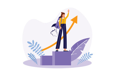 Aufkleber - Concept Creative startup with people scene in the flat cartoon design. Girl implemented her creative startup and is rapidly developing it. Vector illustration.