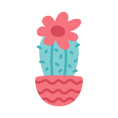 Sticker - Small potted blooming cactus with red flower cartoon vector illustration