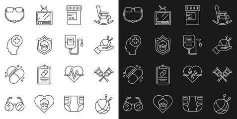 Sticker - Set line Yarn ball with knitting needles, Crutch or crutches, Medicine bottle and pills, Grandmother, Male head hospital, Eyeglasses and IV bag icon. Vector