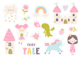 Wall Mural - cute fairy tale sticker pack for girls. magic girly collection with princess and unicorn.