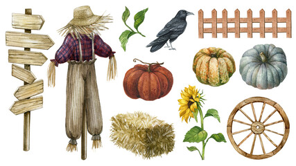 Set of autumn farm elements and products isolated on white background. Hand drawn farmhouse collection.Watercolor  illustration with scarecrow, pumpkin, sunflowers, fence, raven, signpost, hay, wheel